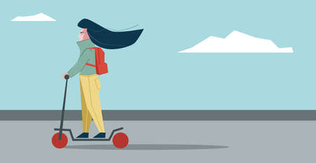 vector flat illustration of woman on scooter isolatedのイラスト素材