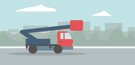 vector flat illustration of auto tower. mobile aerial tower. Boom Truck. city backdropのイラスト素材