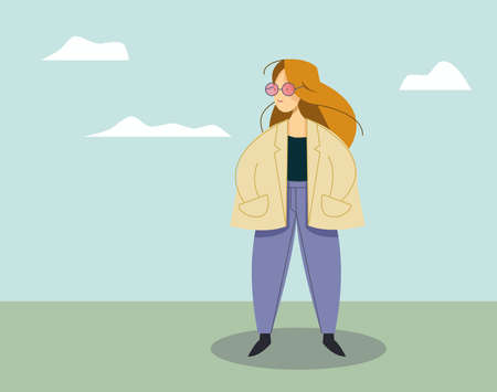 vector flat illustration of young woman standing in park in sunny dayのイラスト素材