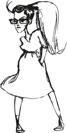 sketch of young lady in dress standing and posing isolated on whiteのイラスト素材
