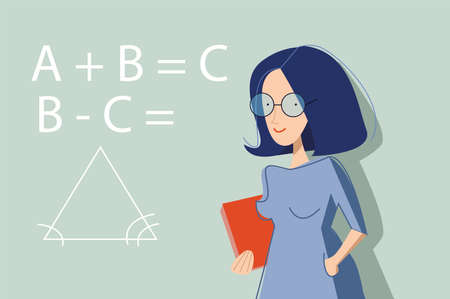 vector flat illustration of woman teacher standing with book. blackboard in backdrop