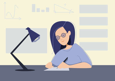 vector flat illustration of young woman studying. writing something. preparing for exams. passes examsのイラスト素材