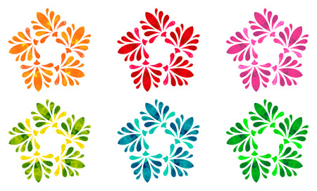 Set of six abstract flowers of five elements in different colors with polygonal pattern on white background in the Watercolour pattern collectionのイラスト素材
