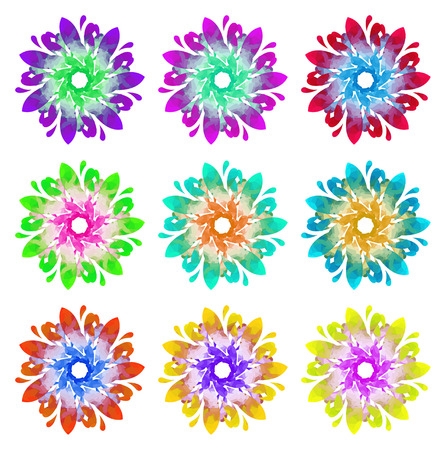 Set of nine abstract flowers of seven elements with polygonal pattern on white background in the Watercolour pattern collectionのイラスト素材