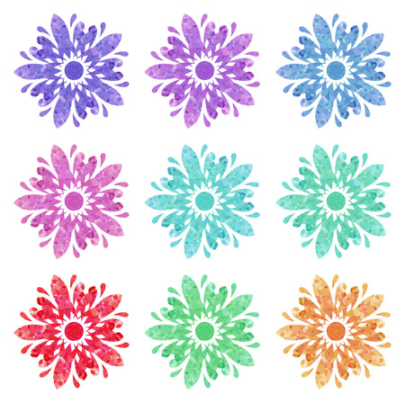 Set of nine abstract flowers of five elements with polygonal pattern on white background in the Watercolour pattern collectionのイラスト素材