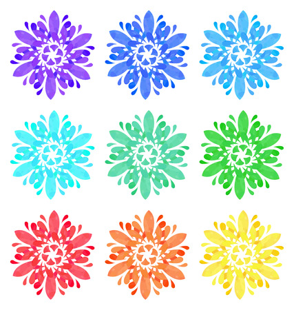 Set of nine abstract flowers of six elements with polygonal pattern on white background in the Watercolour pattern collectionのイラスト素材