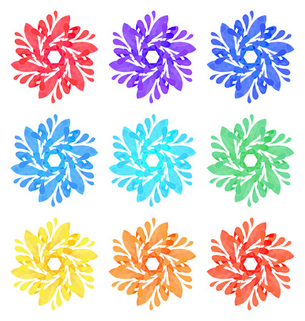 Set of nine abstract flowers of six elements with polygonal pattern on white background in the Watercolour pattern collectionのイラスト素材