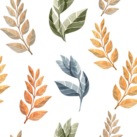 Watercolor autumn seamless pattern with leaves, mushrooms, and twigs. Perfect for seasonal greeting cards, wedding invitations, prints, and rustic designs. Hand-painted on a white background.の写真素材