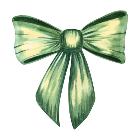 Charming hand-painted watercolor bows and ribbons in soft green shades. Ideal for festive designs, gift wrapping art, childrens illustrations, packaging, and DIY projects.の写真素材