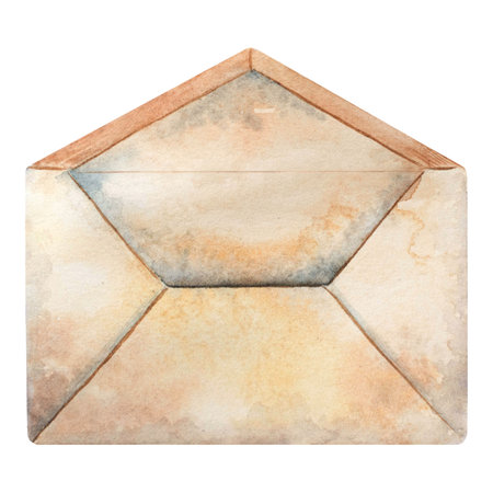 Delicate hand-painted watercolor old paper envelope with natural tones and botanical mood. Ideal for wedding invitations, greeting cards, scrapbooking, journaling, and vintage stationery projects.の写真素材