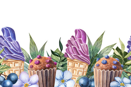 Berry Ice Cream Seamless Borderの写真素材