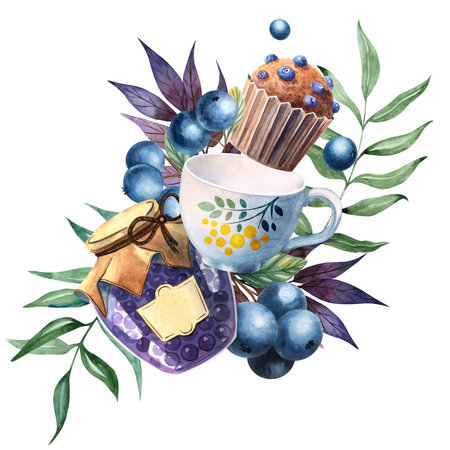 Cozy watercolor still life with homemade jam, ceramic teacup, ripe blueberries. Perfect for packaging, kitchen prints, greeting cards, and summer cottage themes.の写真素材