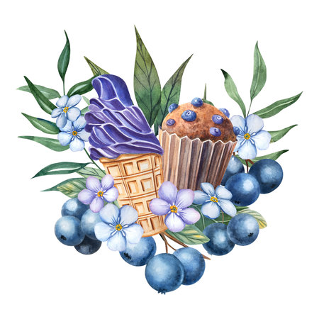 Watercolor Dessert Composition with Muffin, Ice Cream and Blueberriesの写真素材