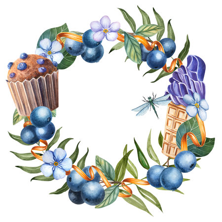 Watercolor Wreath with Muffins, Ice Cream, Blueberries, Branches and Golden Ribbonの写真素材