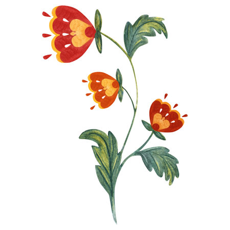 This delicate watercolor painting features a magical flower inspired by traditional Russian folk ornaments and Slavic fairy tales. The blossom is adorned with intricate floral patterns, curling vines, and tiny dots reminiscent of authentic Khokhloma designs, all rendered in a vibrant yet earthy color palette. Perfect for children's books about cultural heritage, folk-style nursery decor, textile patterns, greeting cards, and educational materials about traditional Slavic art. The hand-painted illustration combines authentic ornamental motifs with a playful fairy tale charm.の写真素材