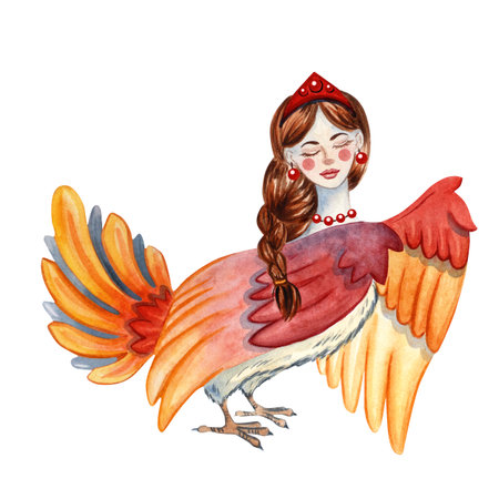 Sirin bird from Slavic Russian mythology, watercolor illustration of half-woman half-bird creature, fairy tale character with red feathers, traditional folklore fantasy symbol on white backgroundの写真素材