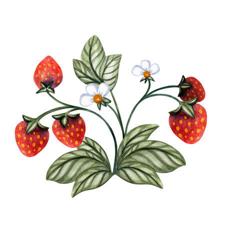 Watercolor wild strawberry branch botanical illustration in Russian fairytale children style, hand painted design for baby decor, invitations, packaging, cards, stickers and kids projectsの写真素材