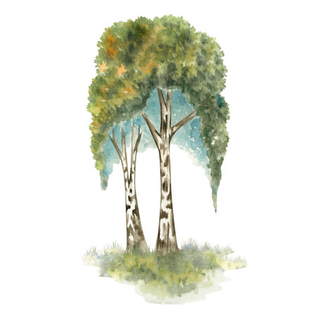Watercolor birch tree couple in Slavic fairytale forest style, hand painted childrens illustration for postcards, packaging, invitations, decor and seasonal designsの写真素材