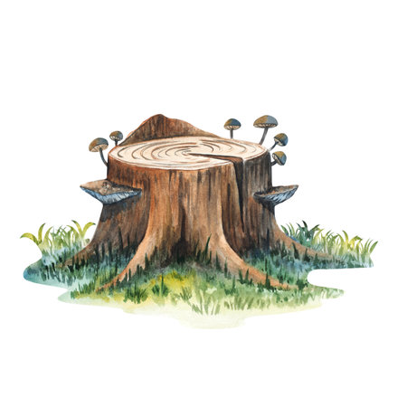 Watercolor illustration of tree stump with mushrooms. Hand-painted botanical for invitations, greeting, scrapbookingの写真素材