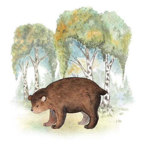 Autumn Birch Forest with Bear Whimsical Russian Fairy Tale Watercolor Illustration for Kids, Nursery Decor, Wall Art, Greeting Cardsの写真素材