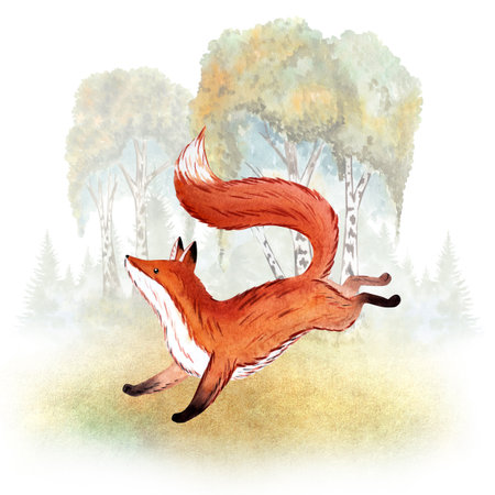 Autumn Birch Forest with jumping fox Whimsical Russian Fairy Tale Watercolor Illustration for Kids, Nursery Decor, Wall Artの写真素材