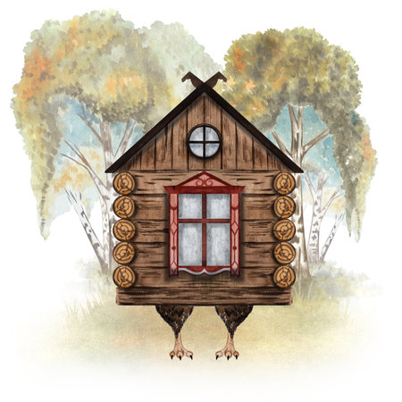 Baba Yagas Hut on Chicken Legs Magical Russian Fairy Tale Watercolor Illustration with Autumn Birches, Kids Decor, Storybook Artの写真素材