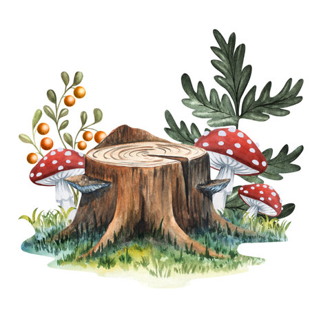 Watercolor stump with mushrooms and leaves in the background for fairytale illustrations, children, designの写真素材