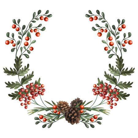 Watercolor illustration of forest wreath with leaves, pine, apple and oak branches, mushrooms, acorns, berries and pinecones. Inspired by Slavic fairytales, this children artwork is perfect for invitations, nursery decor, packaging and storybooks.の写真素材