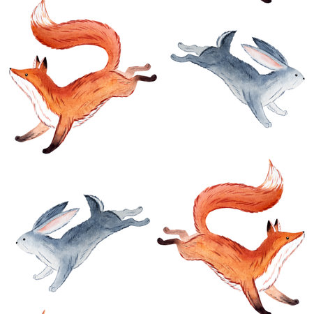 Hand-painted seamless pattern with adorable foxes and rabbits in soft watercolor style, inspired by Russian and Slavic fairytales. Perfect for baby clothes, nursery wallpaper, packaging, kids fabric, invitations and magical storybook design.の写真素材