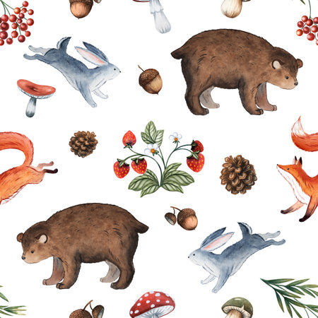 Seamless watercolor pattern with rabbits, bears, strawberry, acorns, pine and cranberry in Russian fairytale children style for nursery decor, packaging, storybooks and kids textile designs.の写真素材