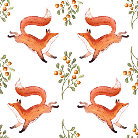 Seamless watercolor pattern with foxes and sea buckthorn branches in Russian fairytale style for baby textiles, nursery decor, packaging, wrapping paper and kids storybook backgrounds.の写真素材