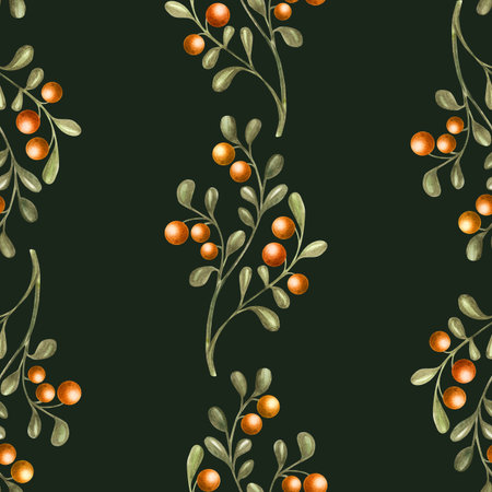 Elegant seamless pattern with watercolor sea buckthorn branches on black background in Russian folk tale style. Great for nursery design, baby textiles, product packaging, autumn-themed stationery, magical forest decor and storytelling illustrations.の写真素材