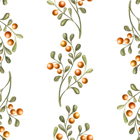 Bright hand-painted seamless pattern with watercolor sea buckthorn branches on white background, inspired by Russian and East Slavic fairy tales. Ideal for packaging, baby products, nursery textiles, invitations, wrapping paper, and storybook designs.の写真素材