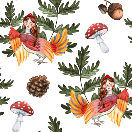 Hand-painted seamless watercolor pattern with oak branches, mushroom, acorns, pinecones and sirin bird on white background. Russian and Slavic fairytales. Perfect for baby products, wrapping paper, storybooks, packaging and forest-themed designs.の写真素材