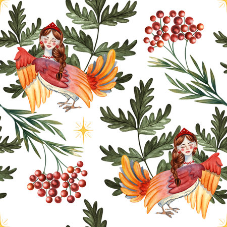 Hand-painted seamless watercolor pattern with oak branches, cranberry and sirin bird on white background. Russian and Slavic fairytales. Perfect for baby products, wrapping paper, storybooks, packaging and forest-themed designs.の写真素材