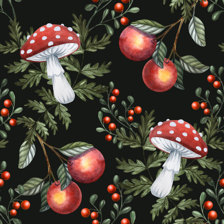 Hand-painted seamless watercolor pattern with apples on branches, red berries, fly agaric mushrooms and forest leaves. Inspired by Russian and East Slavic fairy tales. Perfect for baby products, textiles, wrapping paper, packaging and autumn decor.の写真素材
