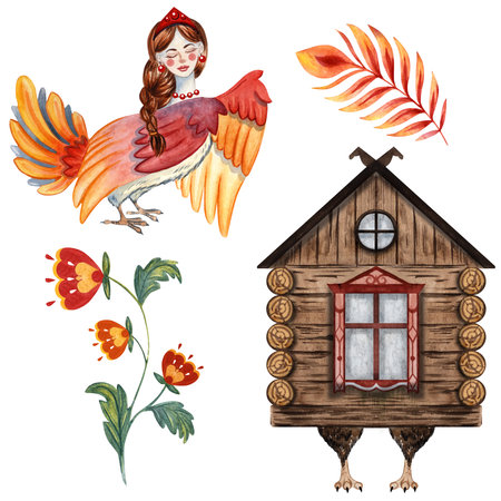 Hand-painted watercolor clipart inspired by Russian and East Slavic fairy tales. Includes mythical Sirin bird, Baba Yaga hut on chicken legs, enchanted flower and firebird feather. Great for kids designs, storybooks, decor, posters and invitations.の写真素材
