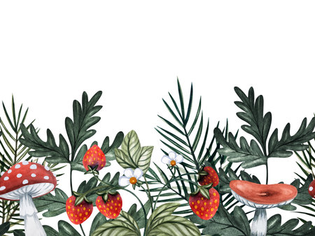Russian Forest Decorative Seamless Border with wild strawberry, oak leaves and pine branches. Handpainted Watercolor Inspired by Nature, Slavic Folklore Fairytaleの写真素材
