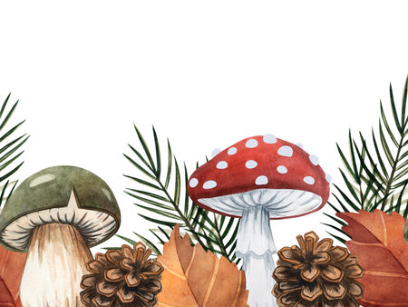 Russian Forest Decorative Seamless Border with mushrooms, pine cones, leaves and pine branches. Handpainted Watercolor Inspired by Nature, Slavic Folklore Fairytaleの写真素材
