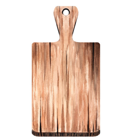 Wooden cutting board. Watercolor kitchen board with handle. Hand-painted illustration of rustic kitchen accessory. isolated on white background for menu, cafe, kitchen decor, design.の写真素材