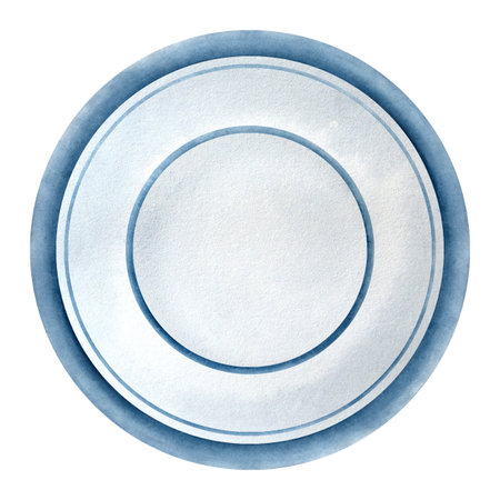 White plate with blue rim. Watercolor illustration of ceramic dinner plate. Tableware object isolated on white background for menu, cafe, kitchen decor, designの写真素材