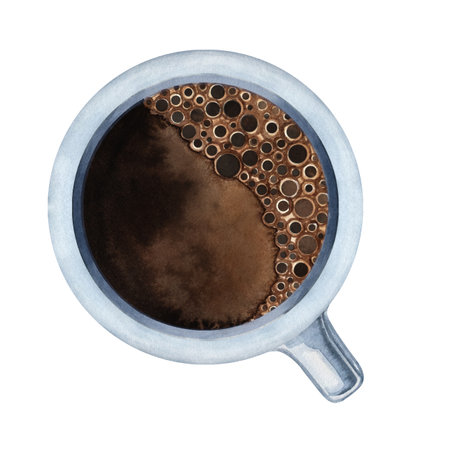Cup of black coffee top view. Watercolor illustration of espresso or americano with foam. Hand-painted mug isolated on white for menu, cafe, kitchen decor, designの写真素材