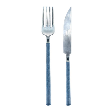 Fork and knife set with dark blue handle. Watercolor illustration of cutlery. Silverware elements hand-painted and isolated on white background for menu, cafe, kitchen decorの写真素材