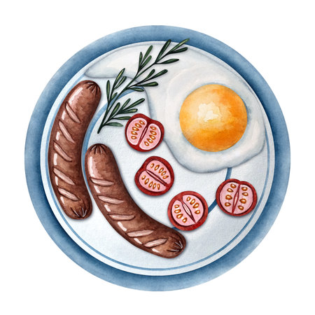 Breakfast watercolor composition, fried eggs, sausage, cutting board, toast, cherry tomatoes, coffee, plate, rosemary, parsley, pepper, garlic, hand drawn illustration for menu, cafe, kitchen decorの写真素材