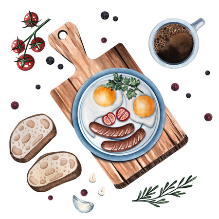 Breakfast watercolor composition, fried eggs, sausage, cutting board, toast, cherry tomatoes, coffee, plate, rosemary, parsley, pepper, garlic, hand drawn illustration for menu, cafe, kitchen decorの写真素材