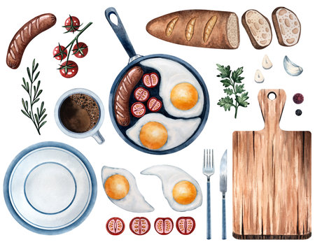 Breakfast watercolor set, fried eggs, sausage, cutting board, toast, cherry tomatoes, coffee, plate, rosemary, parsley, pepper, garlic, pan, hand drawn illustration for menu, cafe, kitchen decorの写真素材