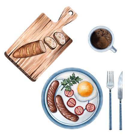 Breakfast watercolor composition, fried eggs, sausage, cutting board, toast, cherry tomatoes, coffee, plate, garlic, illustrationの写真素材