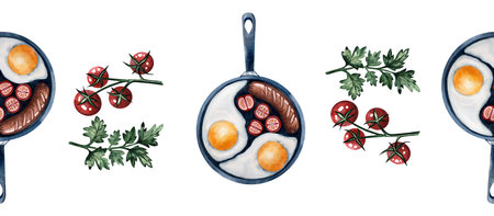 Breakfast watercolor seamless border with fried eggs and sausage in pan on a cutting board with toast, tomatoes, coffee, parsley, pepper, garlic and pepper for kitchen, cage, restaurant, menu design, decorの写真素材