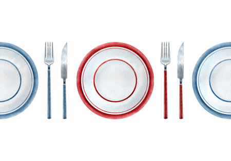 Seamless border with white plate with blue, red rim, Fork and knife with dark blue, red handle set. Watercolor illustration of cutlery. Silverware elements hand-painted isolated on white.の写真素材