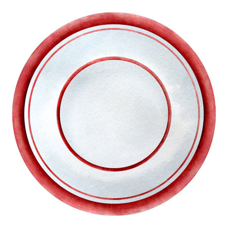 White plate with red rim. Watercolor illustration of ceramic dinner plate. Tableware object isolated on white background for menu, cafe, kitchen decor, design.の写真素材